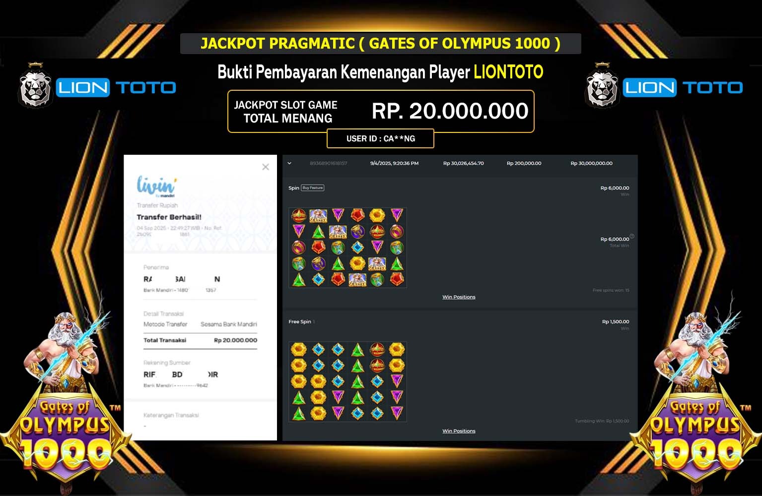 LIONTOTO JACKPOT PRAGMATIC (GATES OF OLYMPUS 1000) Rp.20.000.000,- LUNAS