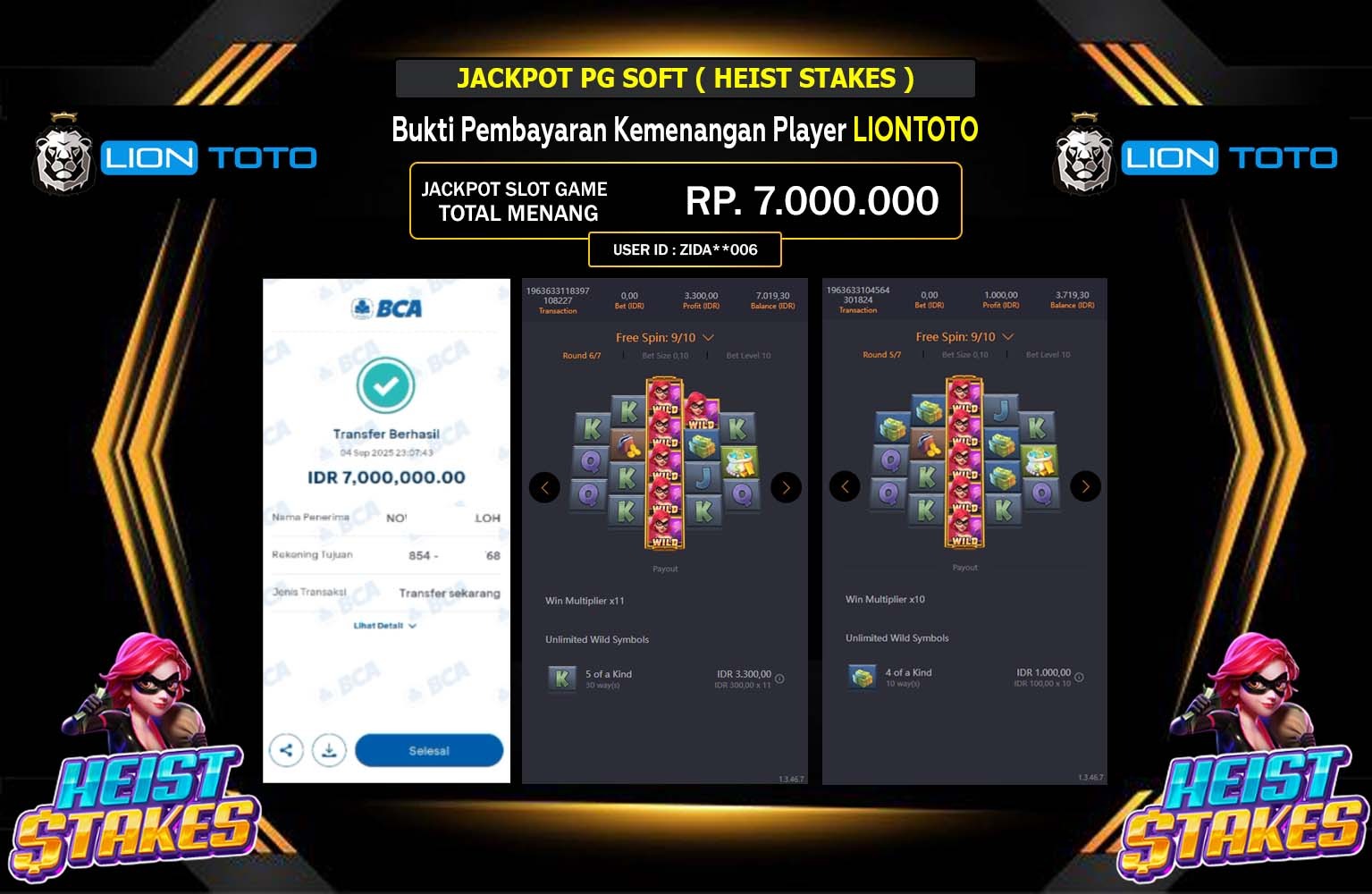 LIONTOTO JACKPOT PG SOFT (HEIST STAKES) Rp.7.000.000,- LUNAS
