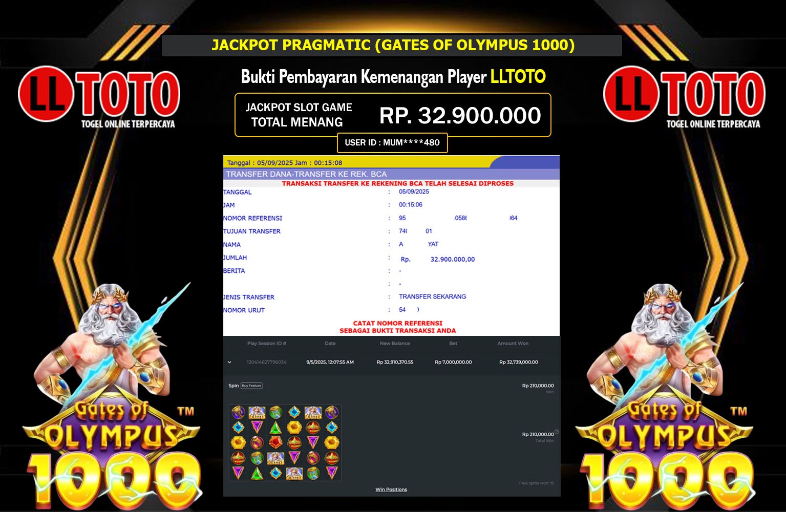 LLTOTO JACKPOT PRAGMATIC (GATES OF OLYMPUS 1000) Rp.32.900.000,- LUNAS