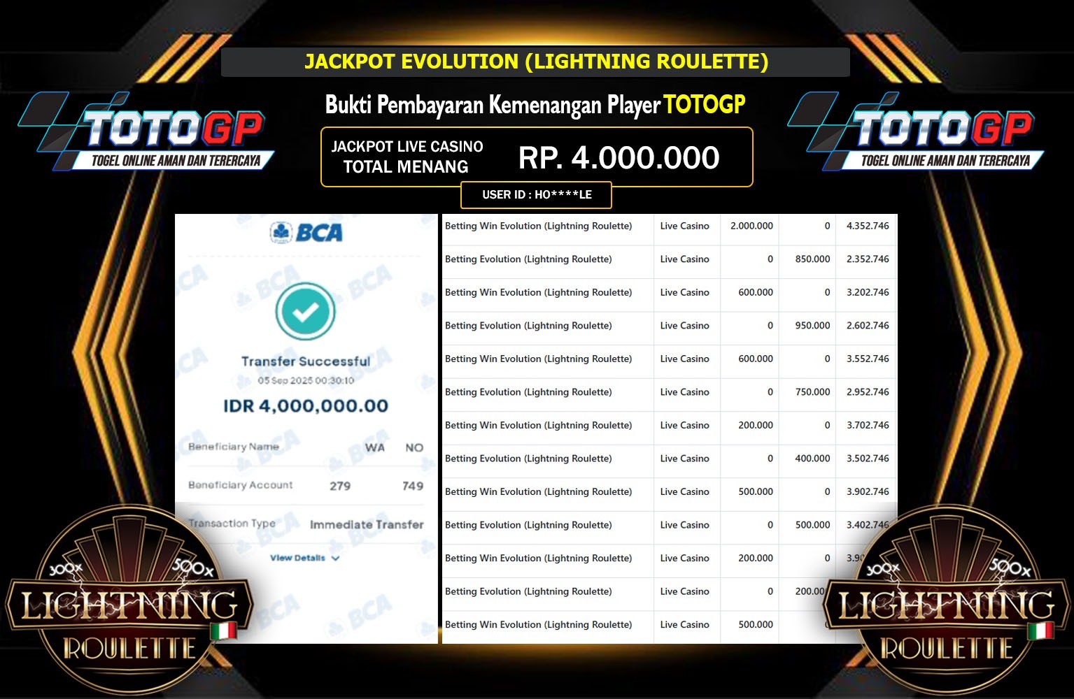 TOTOGP JACKPOT EVOLUTION (LIGHTNING ROULETTE) Rp.4.000.000,- LUNAS
