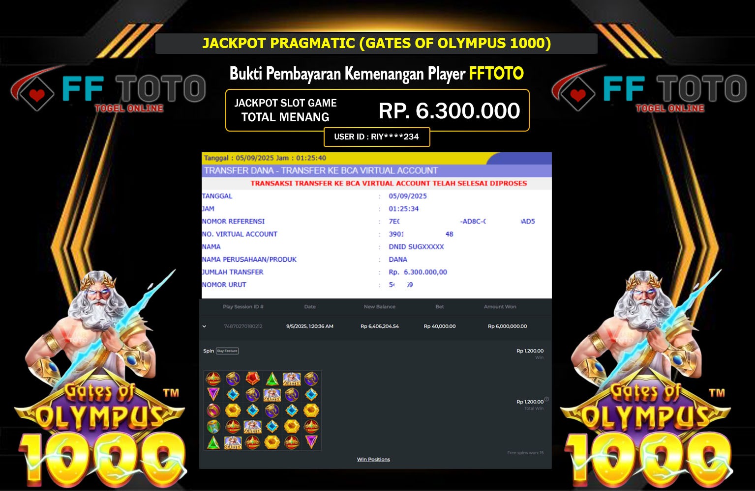 FFTOTO JACKPOT PRAGMATIC (GATES OF OLYMPUS 1000) Rp.6.300.000,- LUNAS