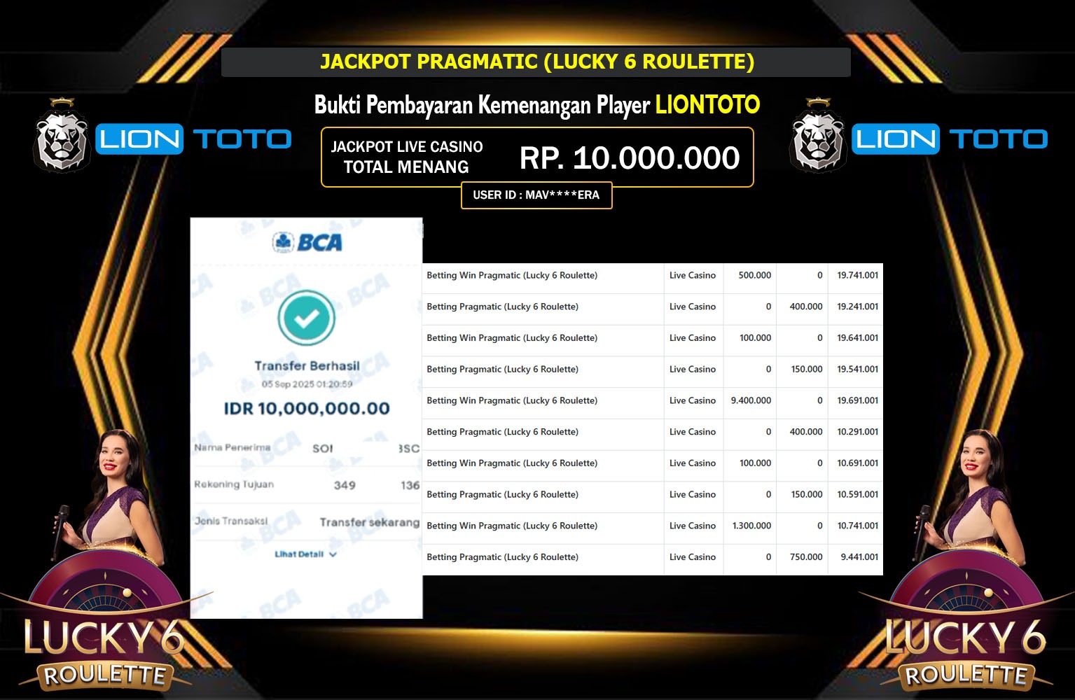 LIONTOTO JACKPOT PRAGMATIC (LUCKY 6 ROULETTE) Rp.10.000.000,- LUNAS