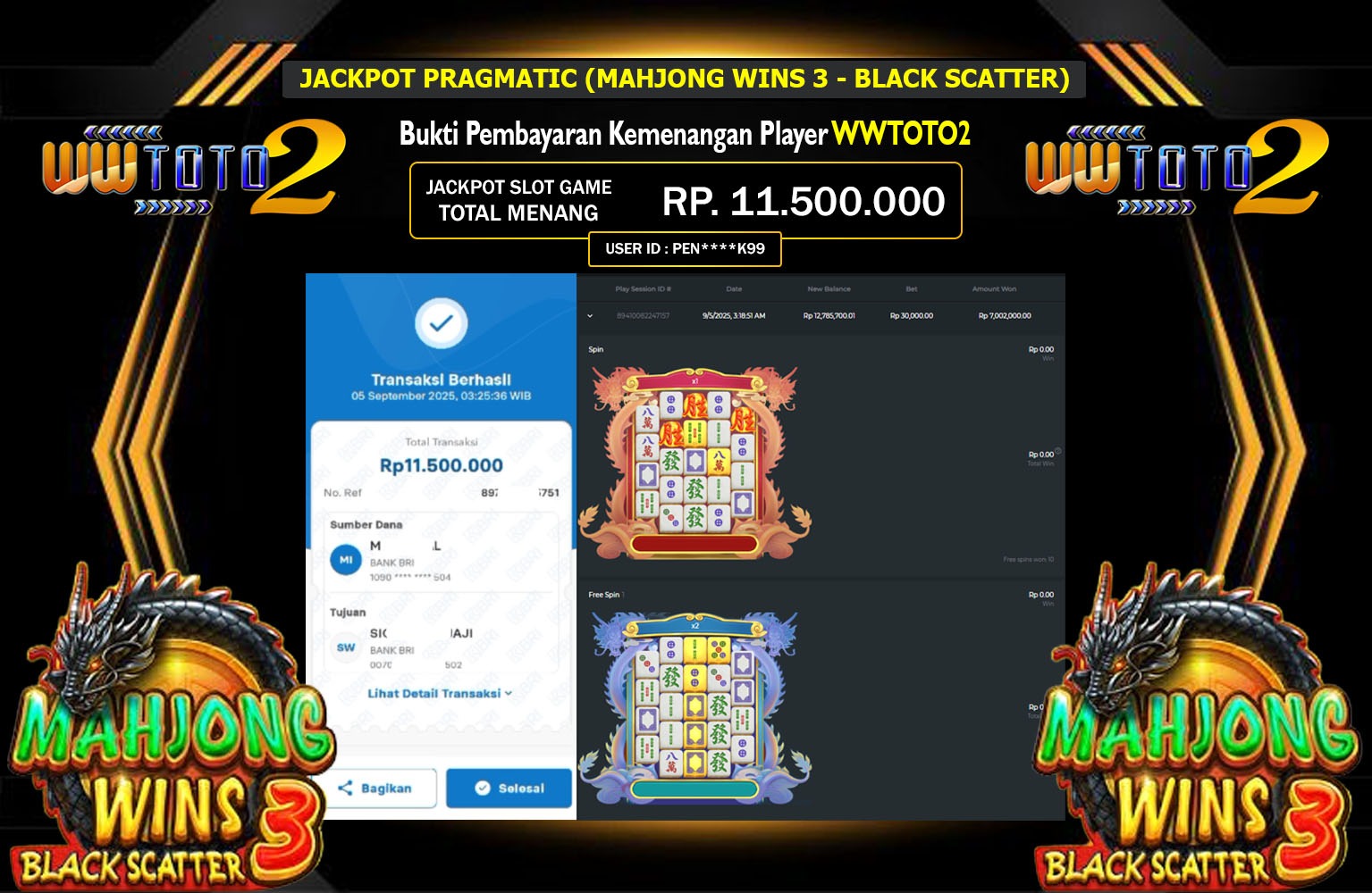 WWTOTO2 JACKPOT PRAGMATIC (MAHJONG WINS 3 - BLACK SCATTER) Rp.11.500.000,- LUNAS