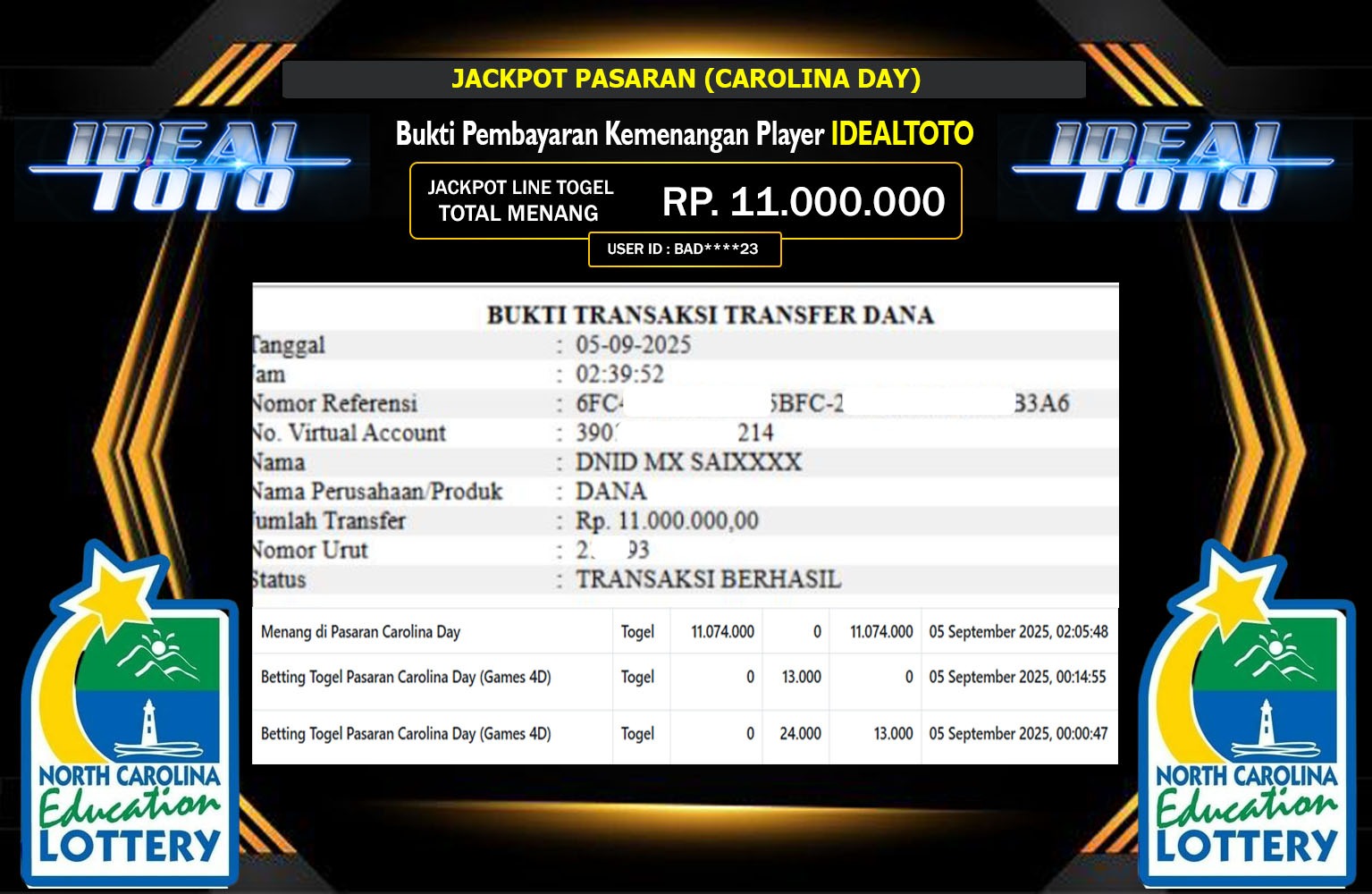 IDEALTOTO JACKPOT PASARAN (CAROLINA DAY) Rp.11.000.000,- LUNAS