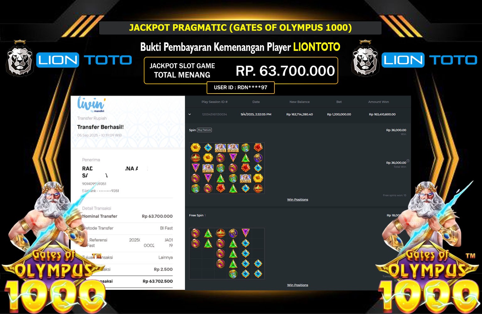 LIONTOTO JACKPOT PRAGMATIC (GATES OF OLYMPUS 1000) Rp.63.700.000,- LUNAS