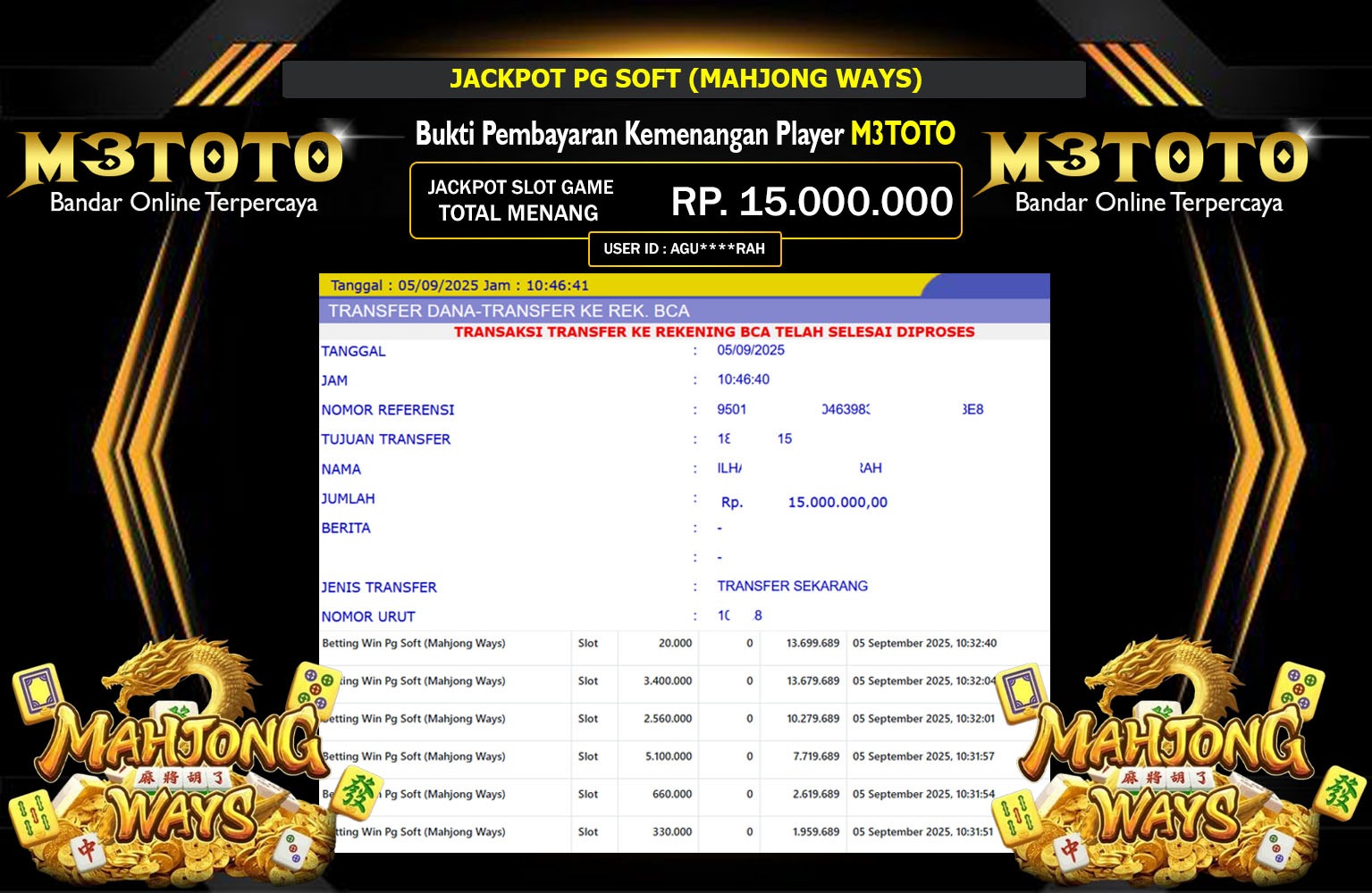 M3TOTO JACKPOT PG SOFT (MAHJONG WAYS) Rp.15.000.000,- LUNAS