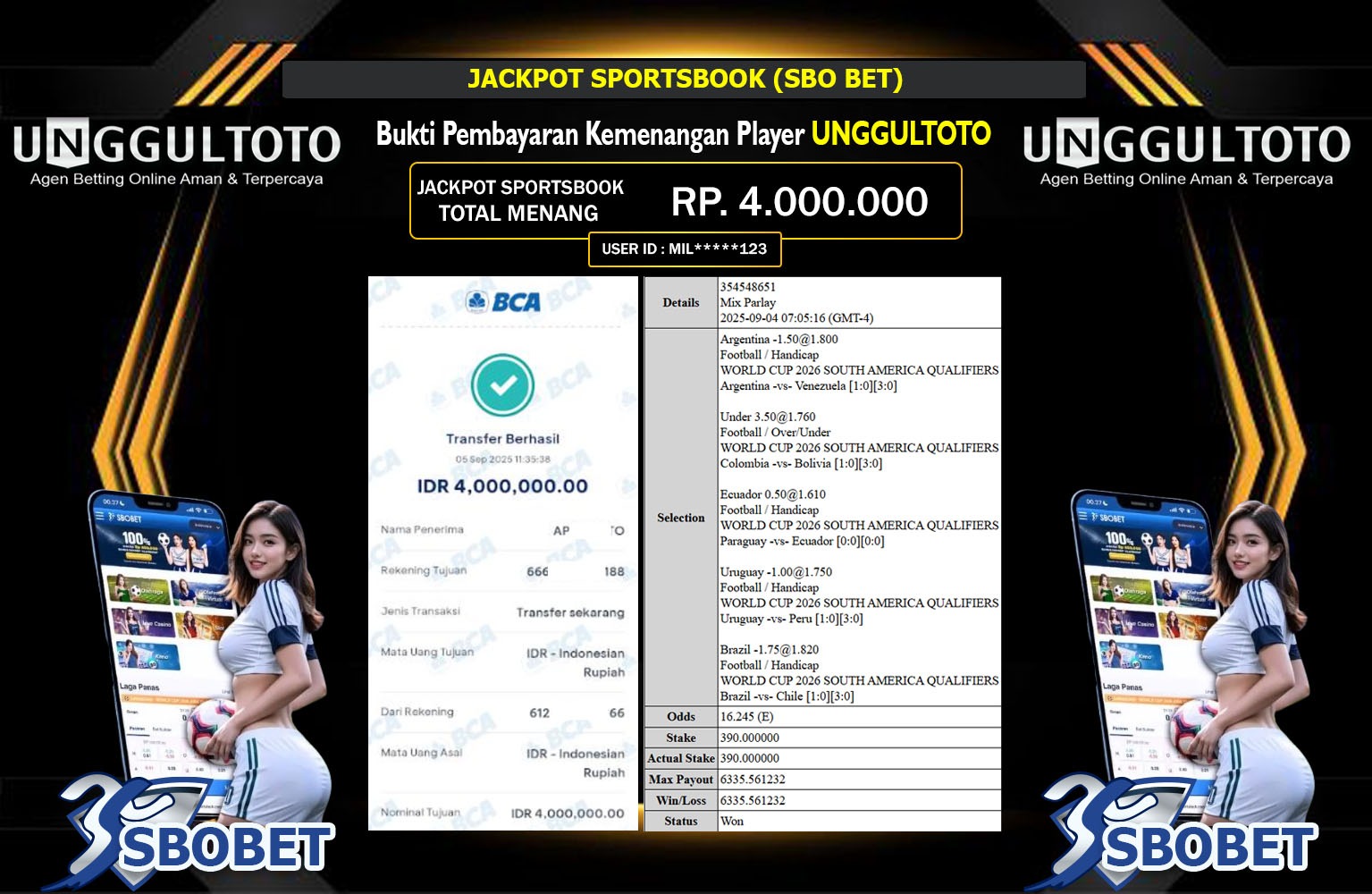 UNGGULTOTO JACKPOT SPORTSBOOK (SBO BET) Rp.4.000.000,- LUNAS