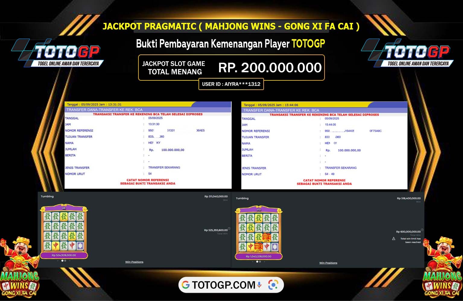 TOTOGP JACKPOT PRAGMATIC (Mahjong Wins - Gong Xi Fa Cai) Rp.200.000.000,- LUNAS