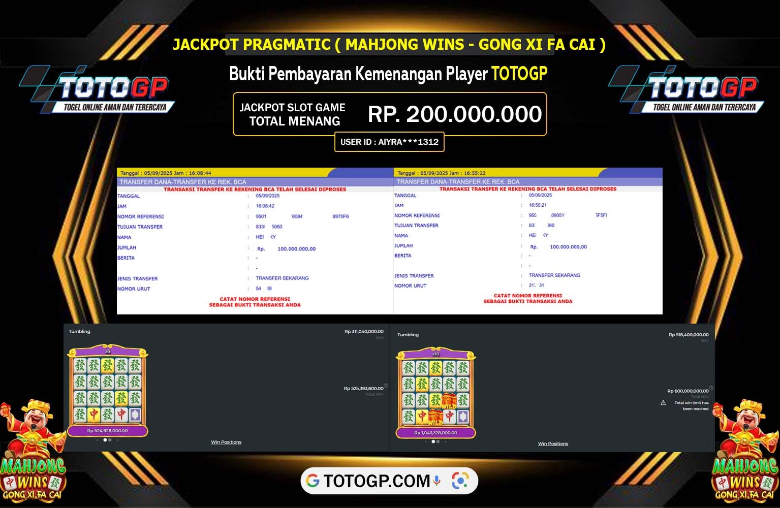 TOTOGP JACKPOT PRAGMATIC (Mahjong Wins - Gong Xi Fa Cai) Rp.200.000.000,- LUNAS