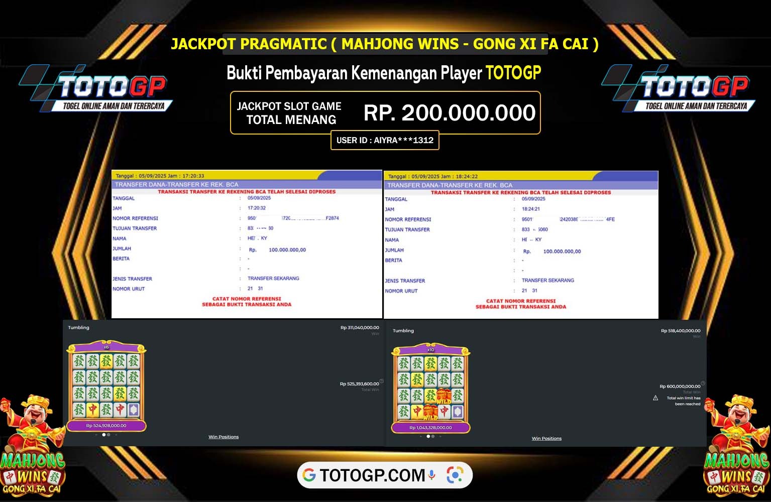 TOTOGP JACKPOT PRAGMATIC (Mahjong Wins - Gong Xi Fa Cai) Rp.200.000.000,- LUNAS