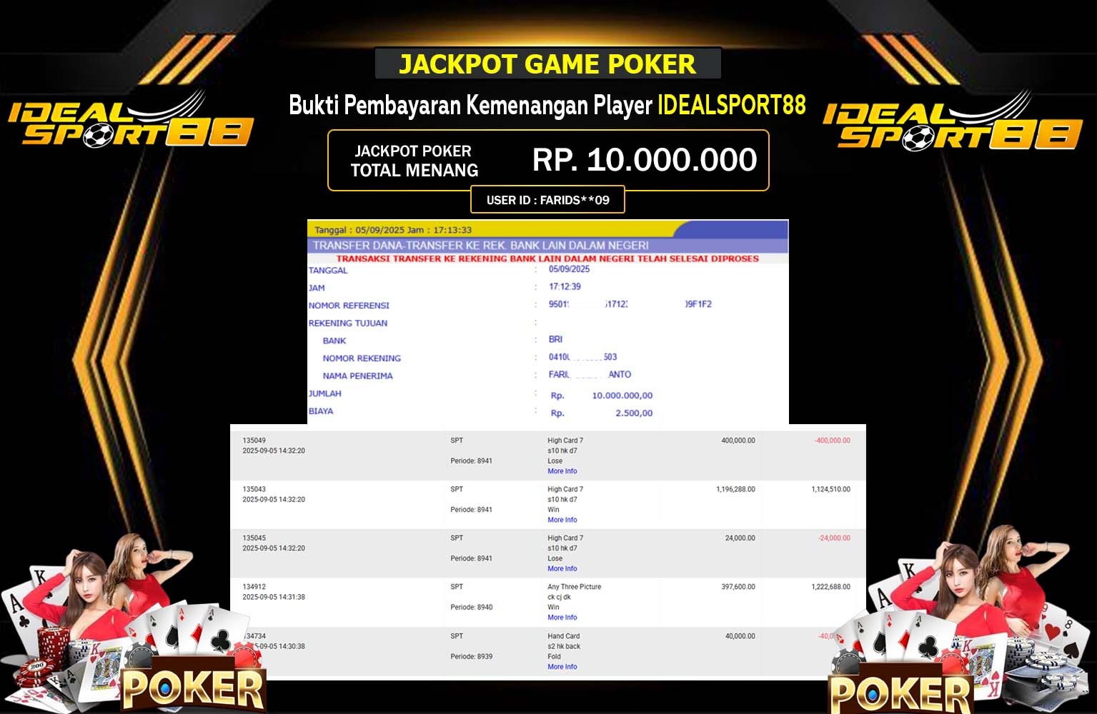IDEALSPORT88 JACKPOT GAME POKER (HIGH CARD) Rp.10.000.000,- LUNAS
