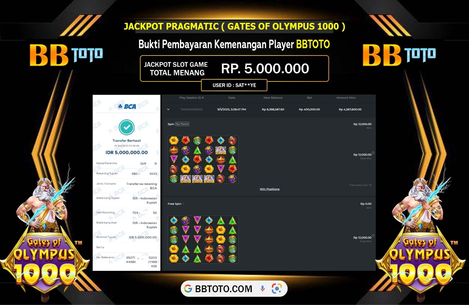 BBTOTO JACKPOT PRAGMATIC (Gates of Olympus 1000) Rp.5.000.000,- LUNAS