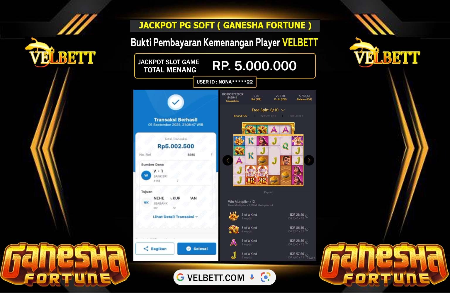 VELBETT JACKPOT PG SOFT (GANESHA FORTUNE) Rp.5.000.000,- LUNAS