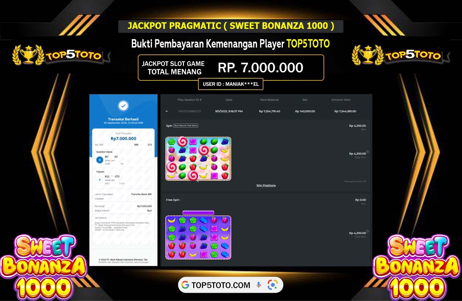 TOP5TOTO JACKPOT PRAGMATIC (SWEET BONANZA 1000) Rp.7.000.000,- LUNAS