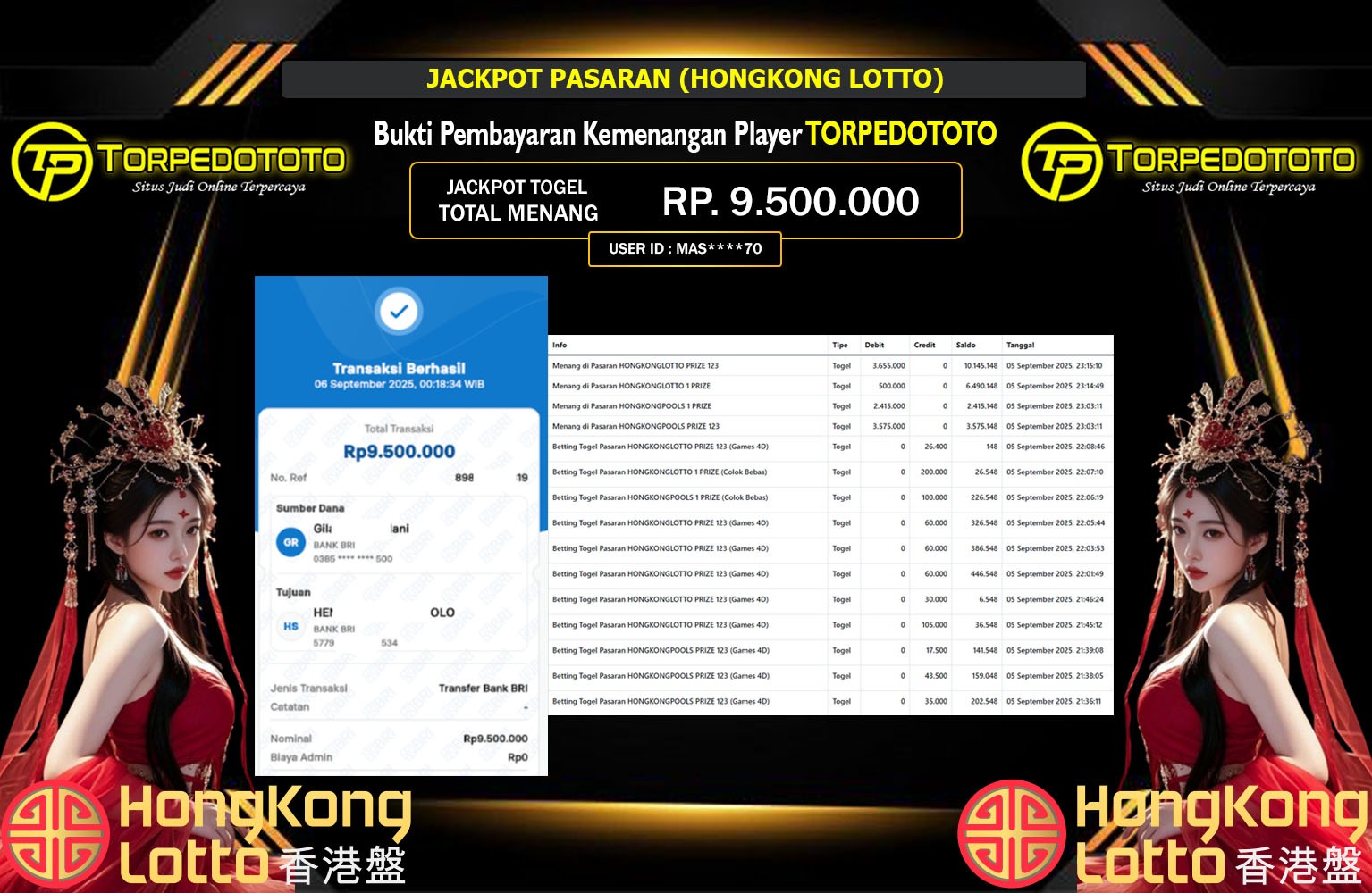 TORPEDOTOTO JACKPOT LINE TOGEL (HONGKONG LOTTO) Rp.9.500.000,- LUNAS