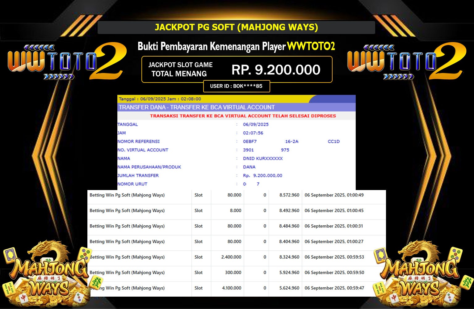 WWTOTO2 JACKPOT PG SOFT (MAHJONG WAYS) Rp.9.200.000,- LUNAS