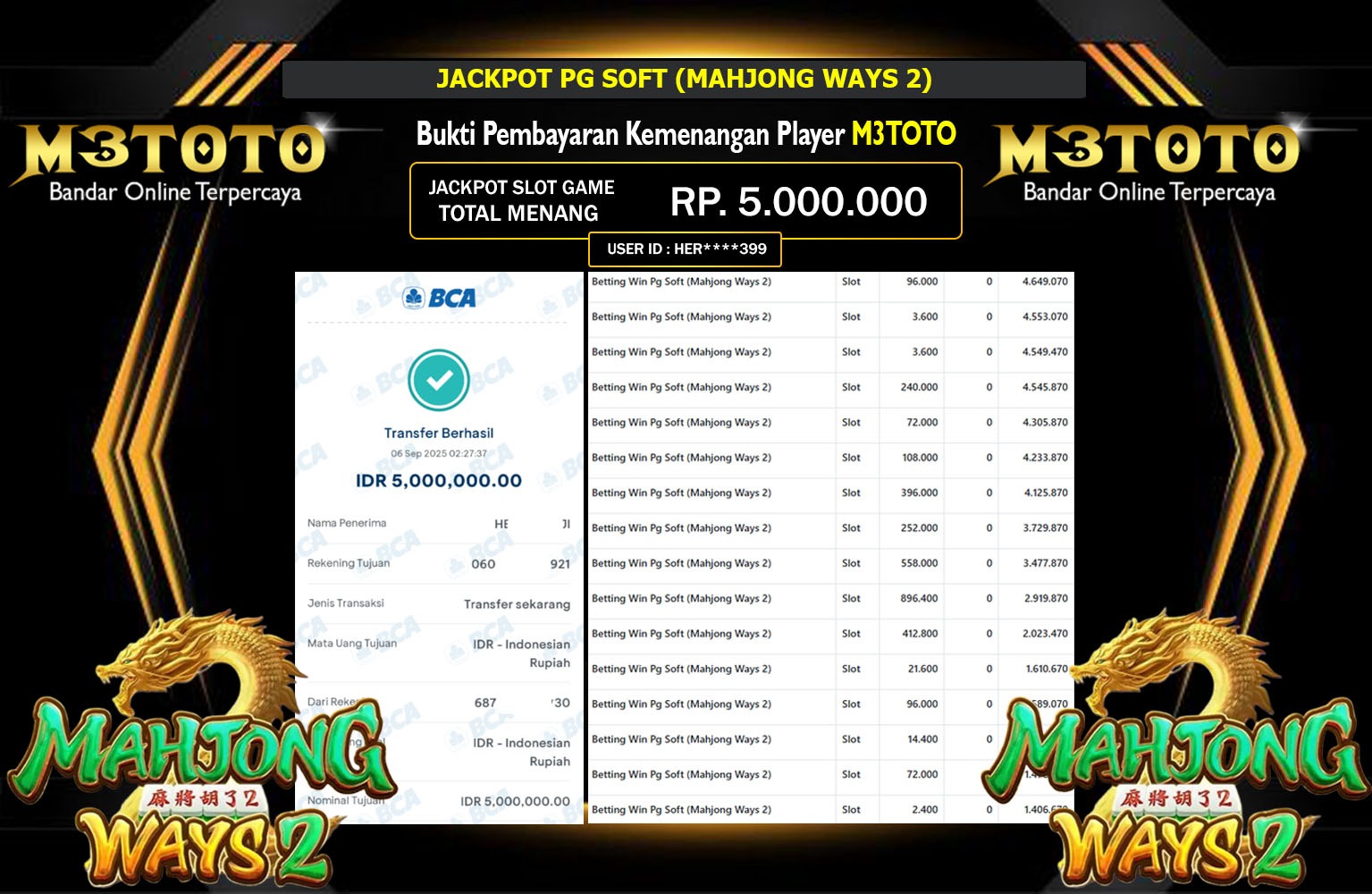M3TOTO JACKPOT PG SOFT (MAHJONG WAYS 2) Rp.5.000.000,- LUNAS