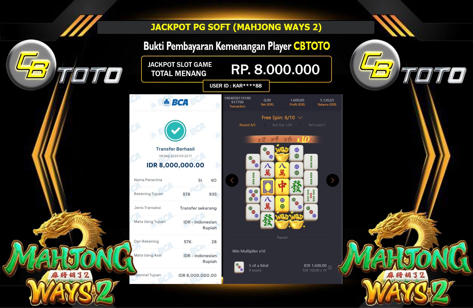 CBTOTO JACKPOT PG SOFT (MAHJONG WAYS 2) Rp.8.000.000,- LUNAS