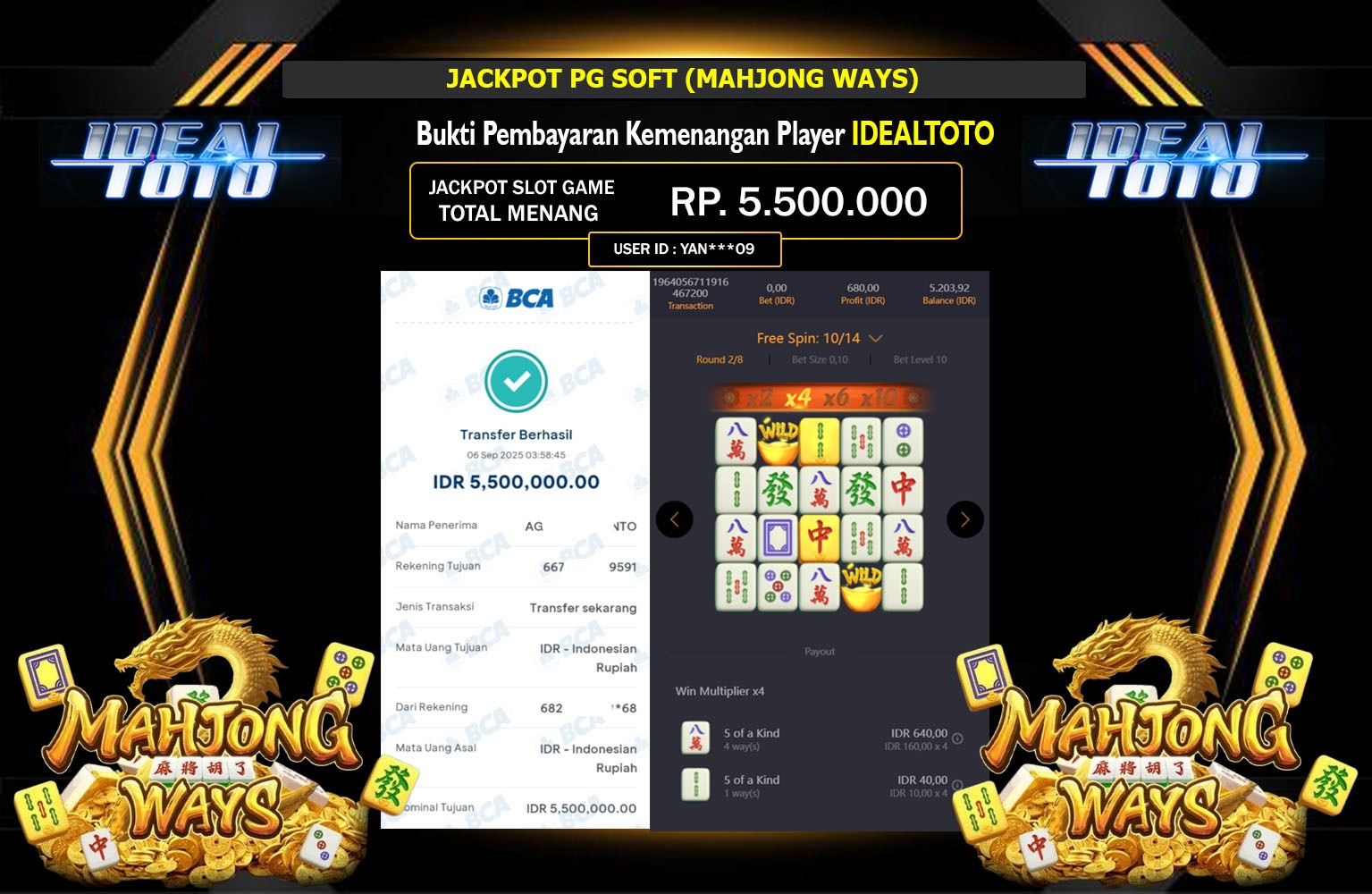 IDEALTOTO JACKPOT PG SOFT (MAHJONG WAYS) Rp.5.500.000,- LUNAS