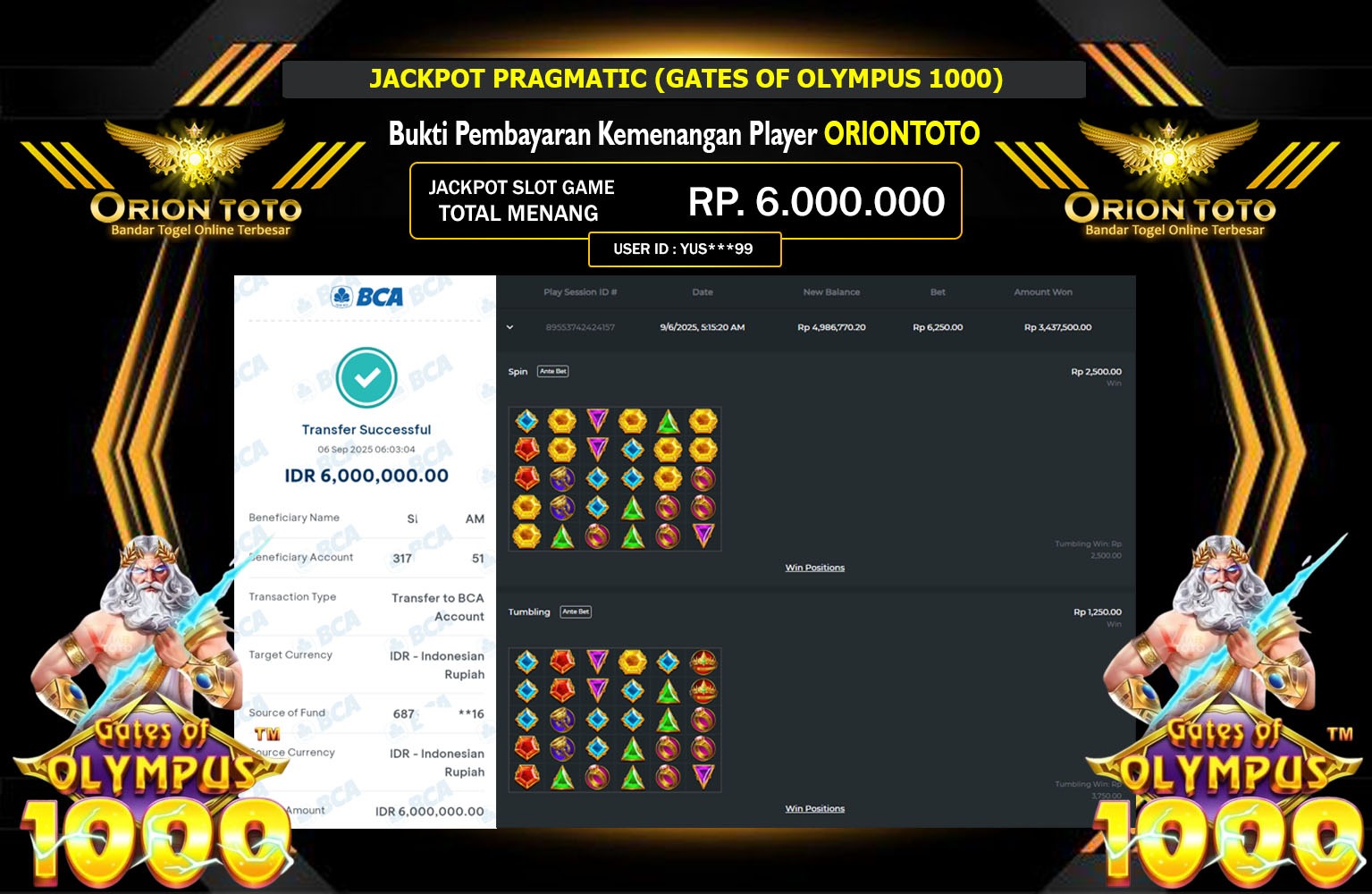 ORIONTOTO JACKPOT PRAGMATIC (GATES OF OLYMPUS 1000) Rp.6.000.000,- LUNAS