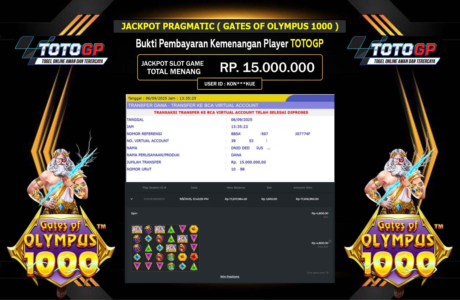 TOTOGP JACKPOT PRAGMATIC (GATES OF OLYMPUS SUPER 1000) Rp.15.000.000,- LUNAS