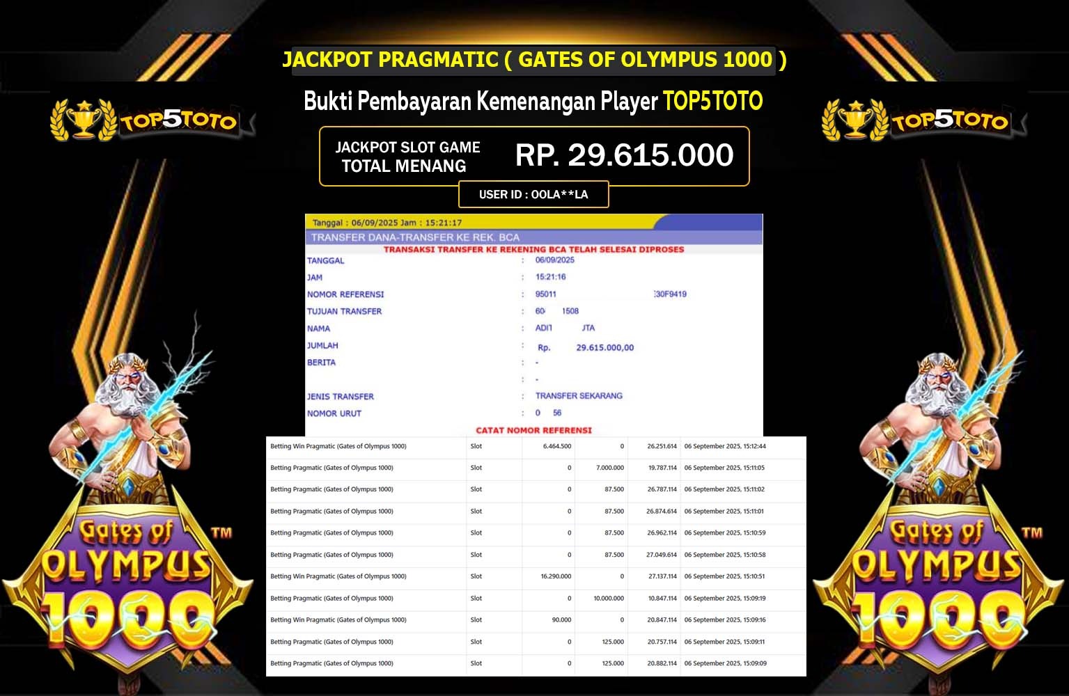 TOP5TOTO JACKPOT PRAGMATIC (GATES OF OLYMPUS SUPER 1000) Rp.29.615.000,- LUNAS