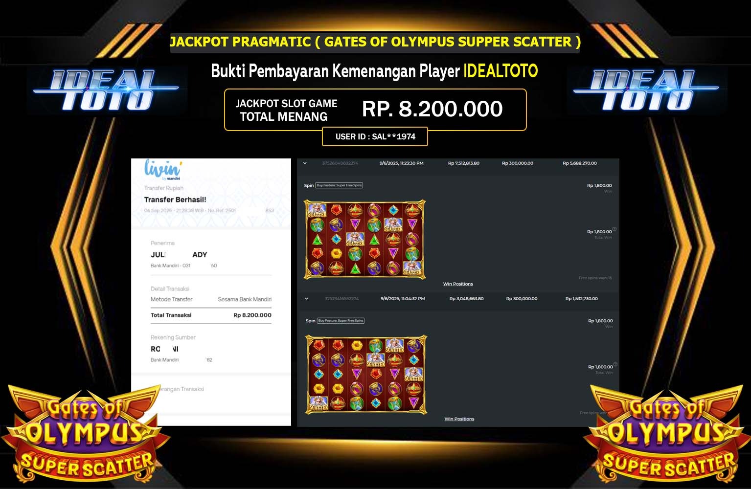 IDEALTOTO JACKPOT PRAGMATIC (GATES OF OLYMPUS SUPER SCATTER) Rp.8.200.000,- LUNAS
