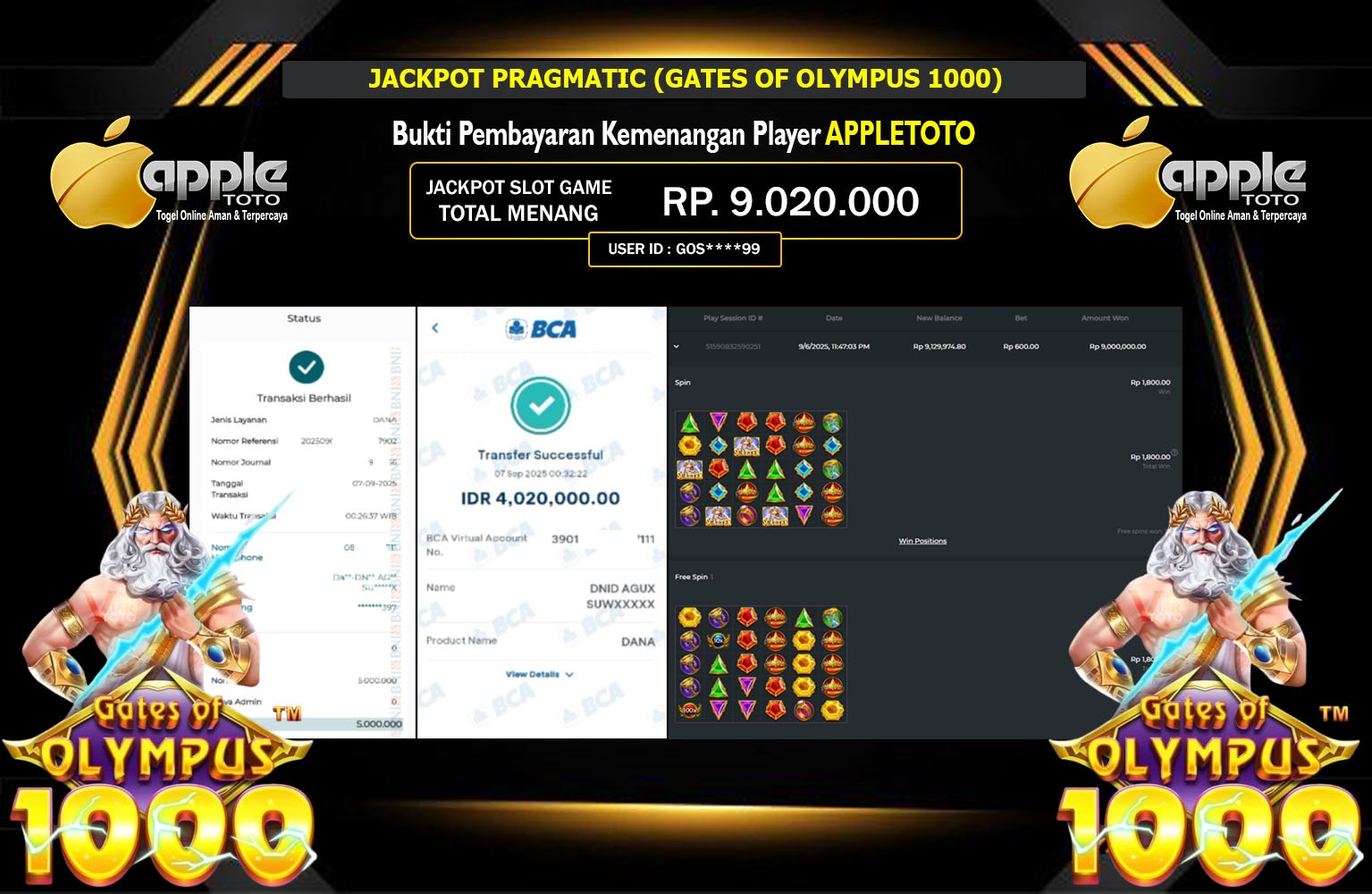 APPLETOTO JACKPOT PRAGMATIC (GATES OF OLYMPUS 1000) Rp.9.020.000,- LUNAS