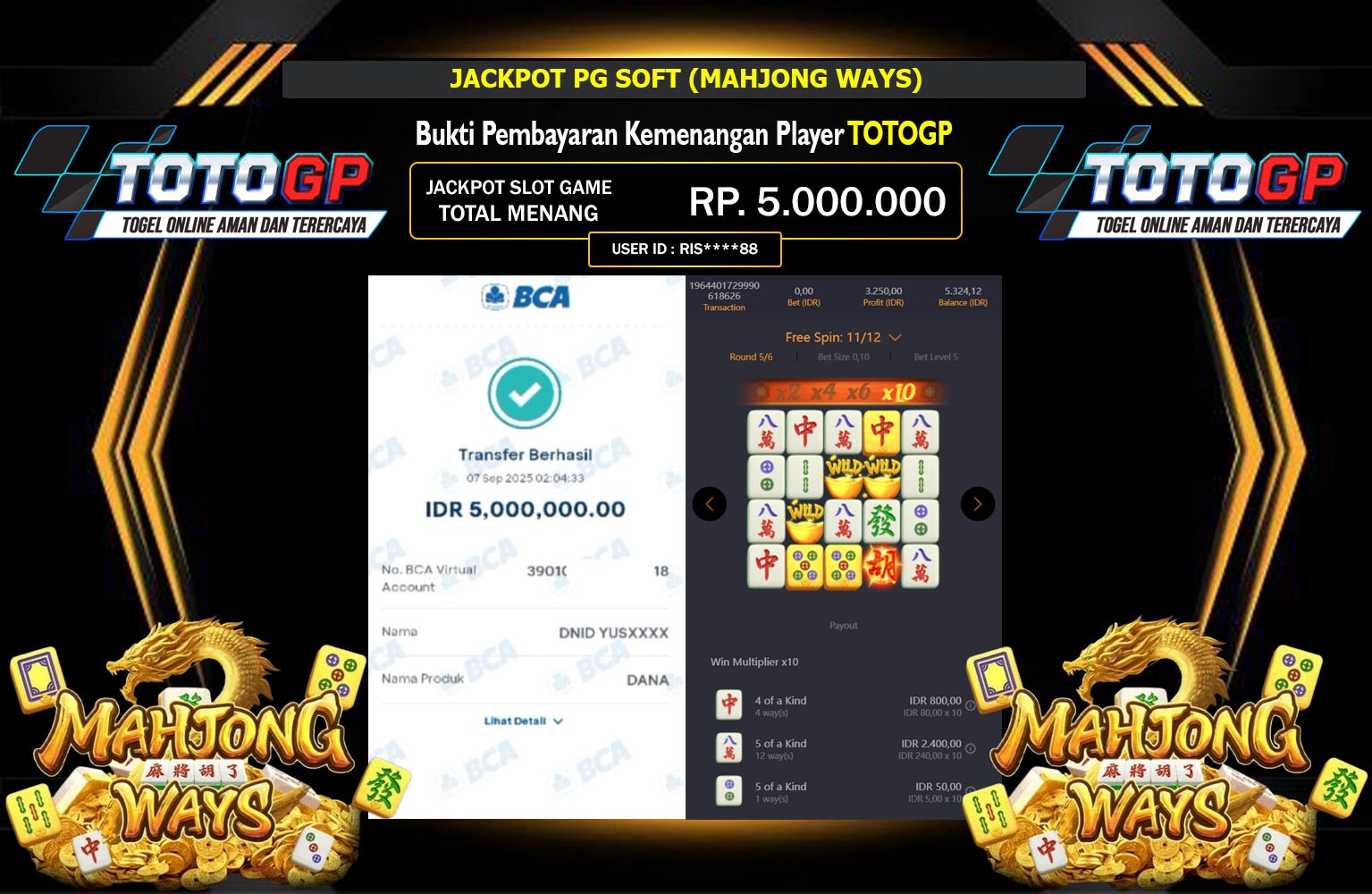 TOTOGP JACKPOT PG SOFT (MAHJONG WAYS) Rp.5.000.000,- LUNAS