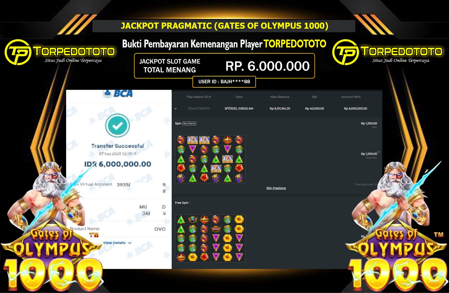 TORPEDOTOTO JACKPOT PRAGMATIC (GATES OF OLYMPUS 1000) Rp.6.000.000,- LUNAS