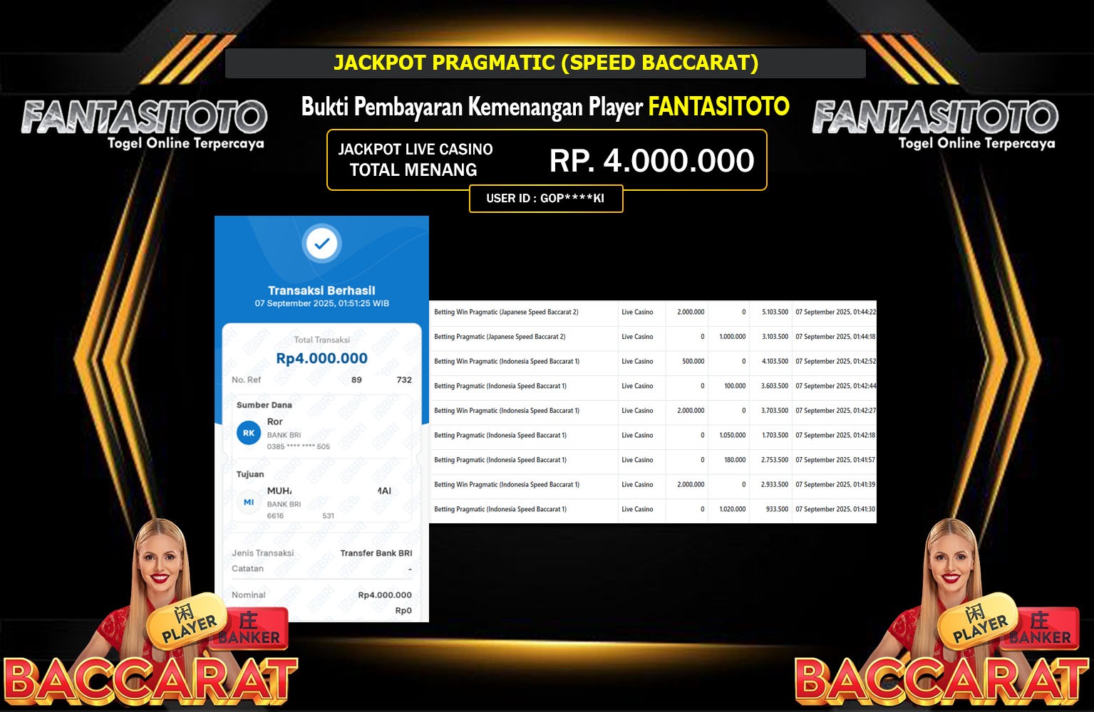 FANTASITOTO JACKPOT PRAGMATIC (SPEED BACCARAT) Rp.4.000.000,- LUNAS