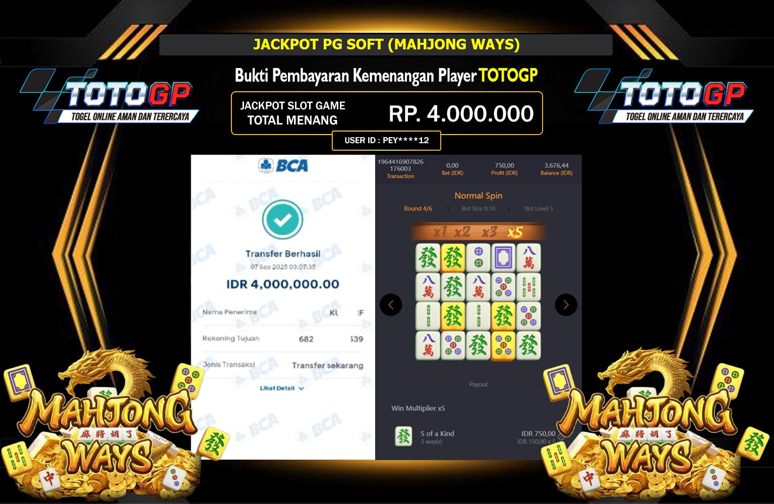 TOTOGP JACKPOT PG SOFT (MAHJONG WAYS) Rp.4.000.000,- LUNAS