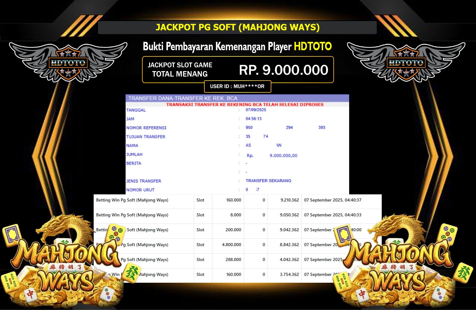 HDTOTO JACKPOT PG SOFT (MAHJONG WAYS) Rp.9.000.000,- LUNAS