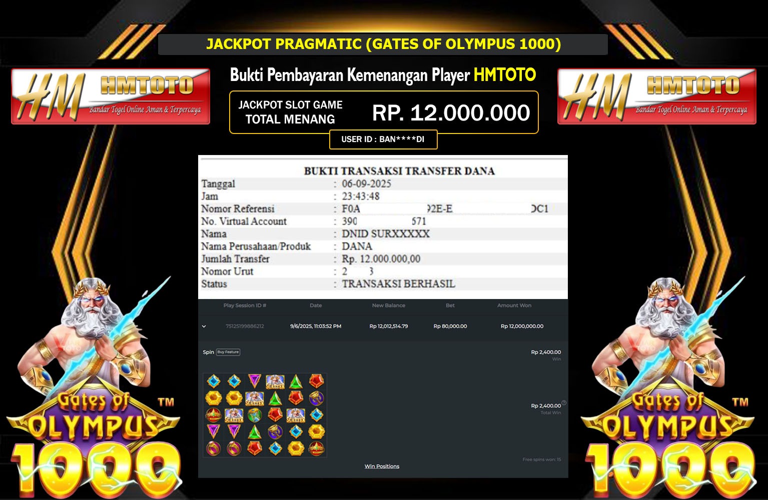 HMTOTO JACKPOT PRAGMATIC (GATES OF OLYMPUS 1000) Rp.12.000.000,- LUNAS