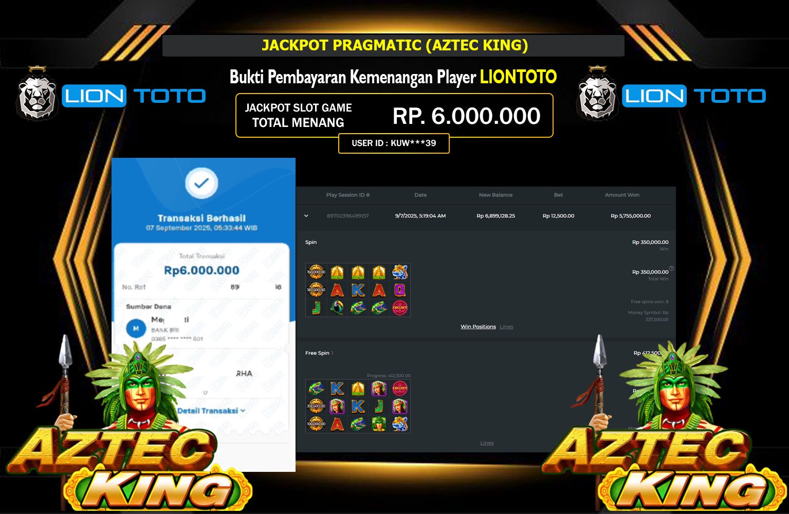 LIONTOTO JACKPOT PRAGMATIC (AZTEC KING) Rp.6.000.000,- LUNAS