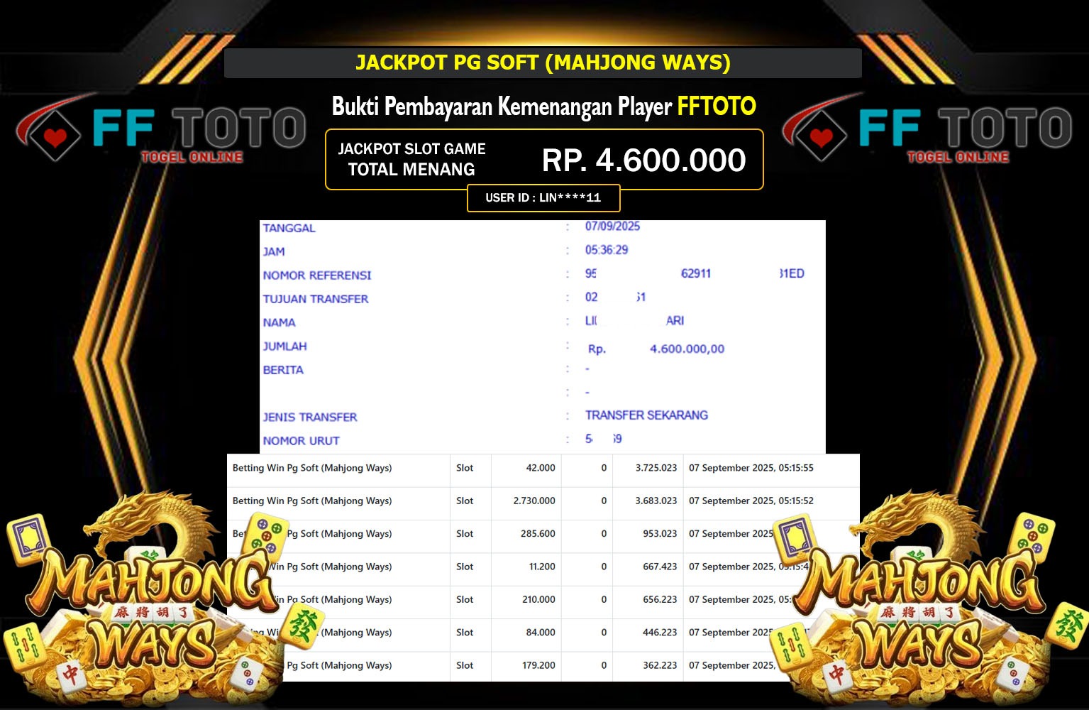 FFTOTO JACKPOT PG SOFT (MAHJONG WAYS) Rp.4.600.000,- LUNAS