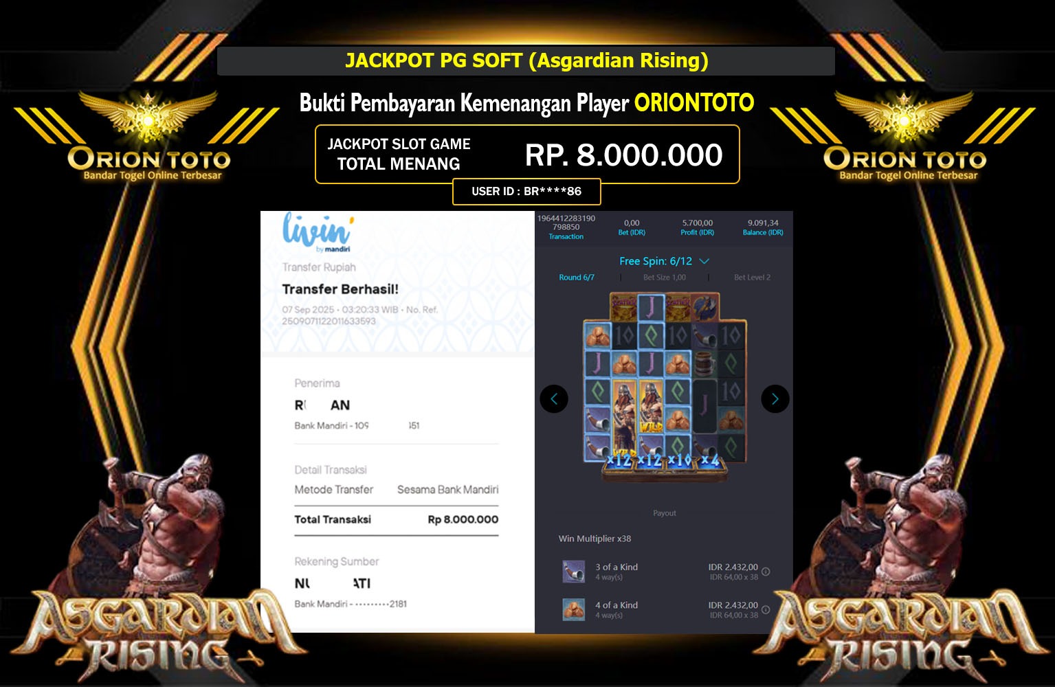 ORIONTOTO JACKPOT PG SOFT (ASGARDIAN RISING) Rp.8.000.000,- LUNAS