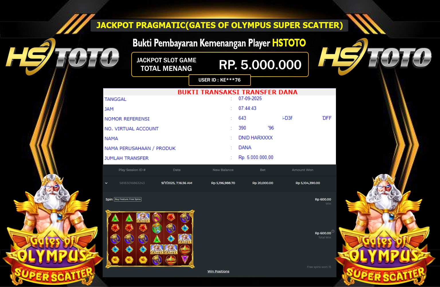 HSTOTO JACKPOT PRAGMATIC (GATES OF OLYMPUS SUPER SCATTER) Rp.5.000.000,- LUNAS