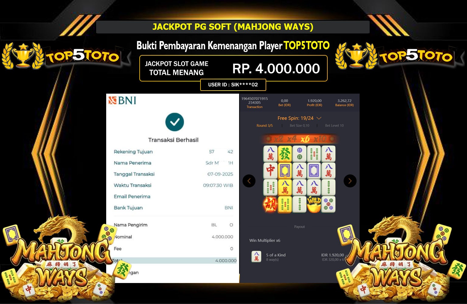 TOP5TOTO JACKPOT PG SOFT (MAHJONG WAYS) Rp.4.000.000,- LUNAS