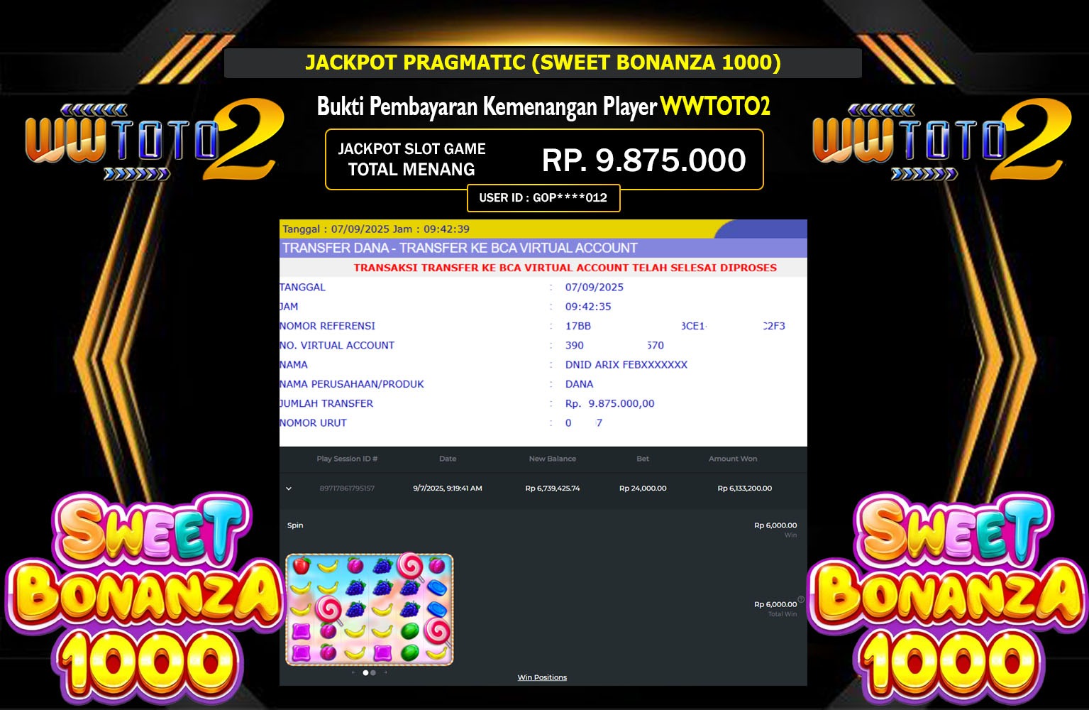 WWTOTO2 JACKPOT PRAGMATIC (SWEET BONANZA 1000) Rp.9.875.000,- LUNAS