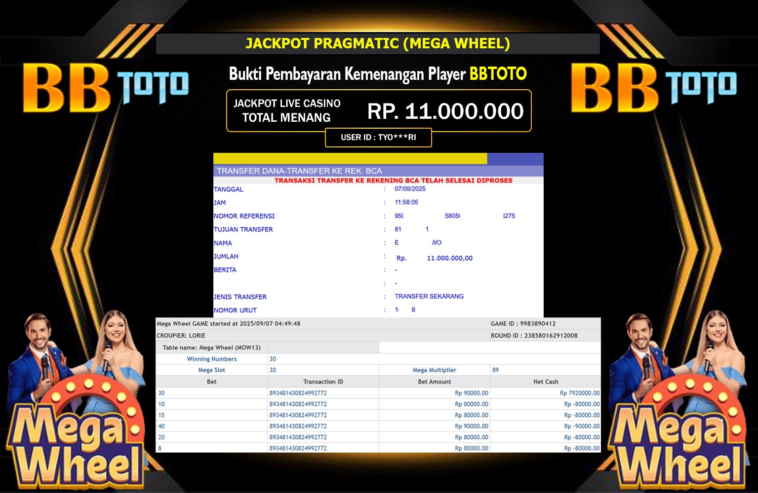 BBTOTO JACKPOT PRAGMATIC (MEGA WHEEL) Rp.11.000.000,- LUNAS