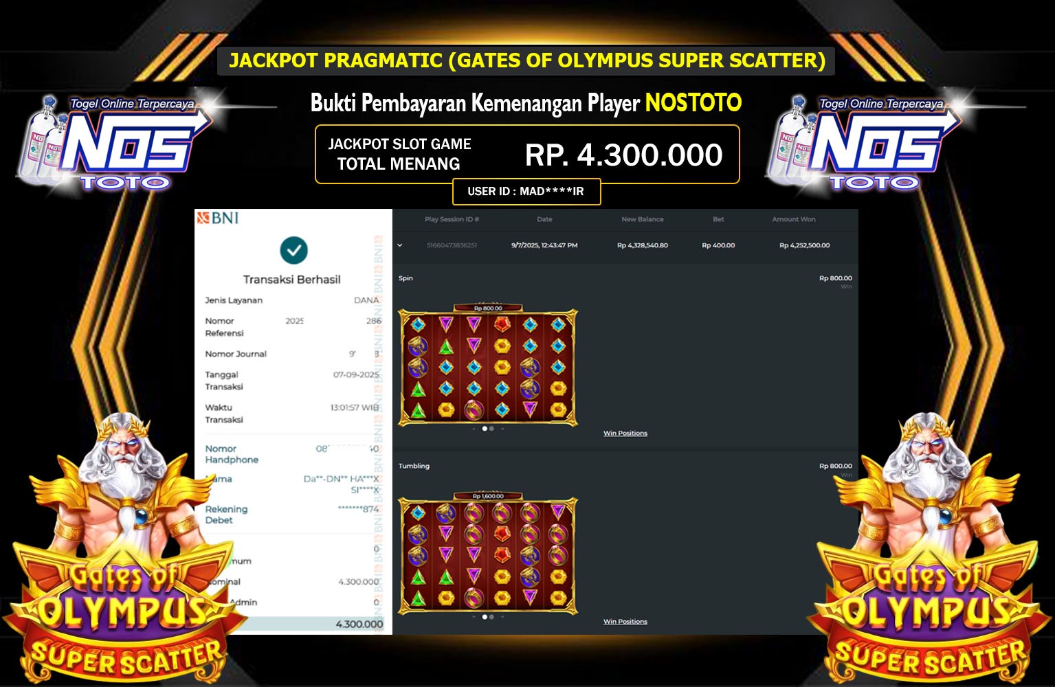 NOSTOTO JACKPOT PRAGMATIC (GATES OF OLYMPUS SUPER SCATTER) Rp.4.300.000,- LUNAS