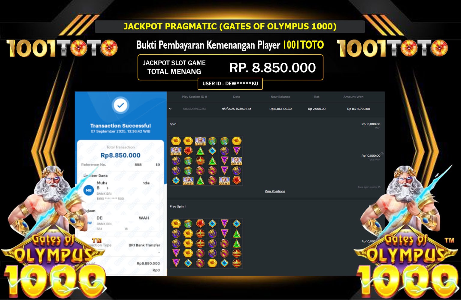 1001TOTO JACKPOT PRAGMATIC (GATES OF OLYMPUS 1000) Rp.8.850.000,- LUNAS