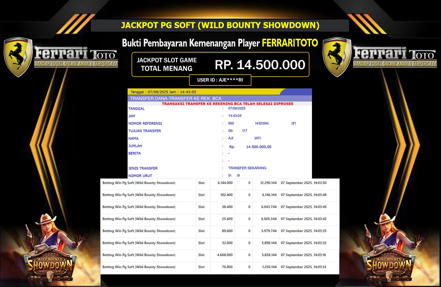 FERRARITOTO JACKPOT PG SOFT (WILD BOUNTY SHOWDOWN) Rp.14.500.000,- LUNAS