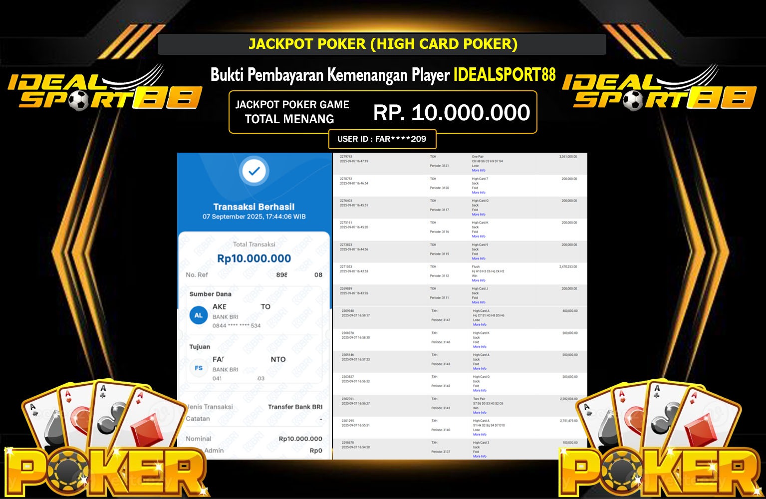IDEALSPORT88 JACKPOT POKER (HIGH CARD POKER) Rp.10.000.000,- LUNAS