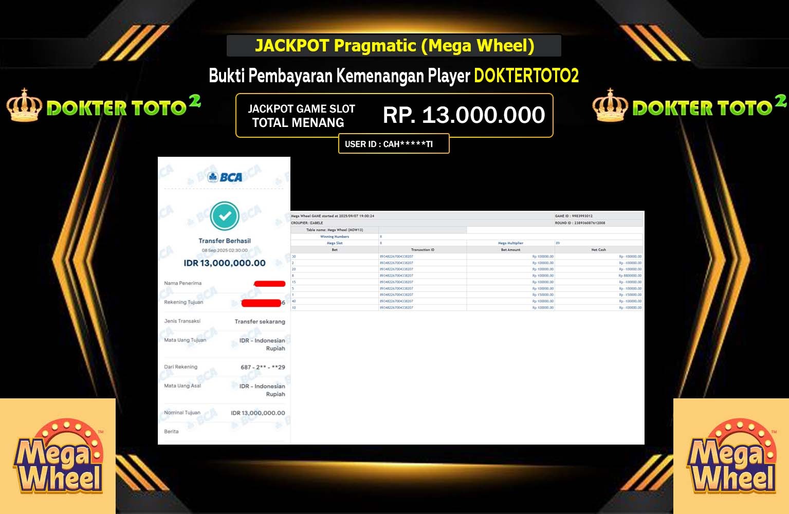 DOKTERTOTO2 JACKPOT Pragmatic (Mega Wheel)  Rp.13.000.000,- LUNAS