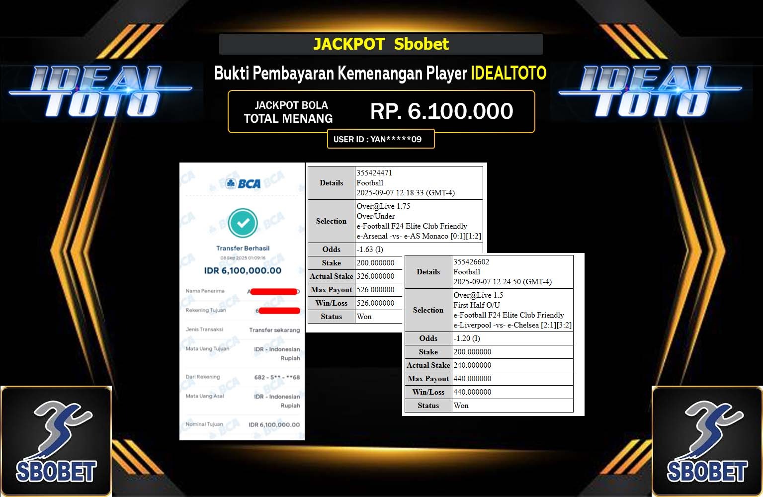 IDEALTOTO JACKPOT SBOBET Rp.6.100.000,- LUNAS