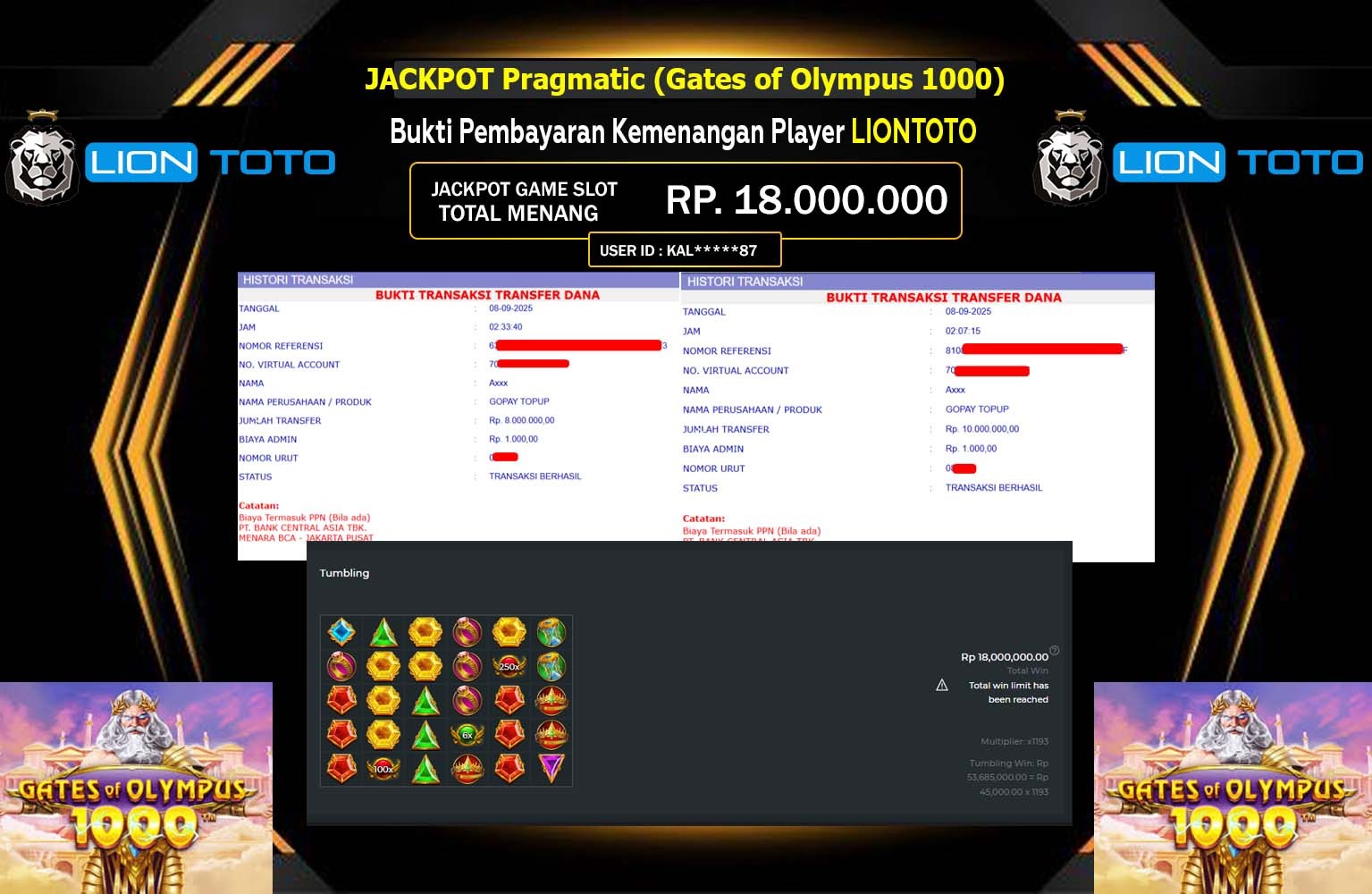 LIONTOTO JACKPOT PRAGMATIC (GATES OF OLYMPUS 1000) Rp.18.000.000,- LUNAS