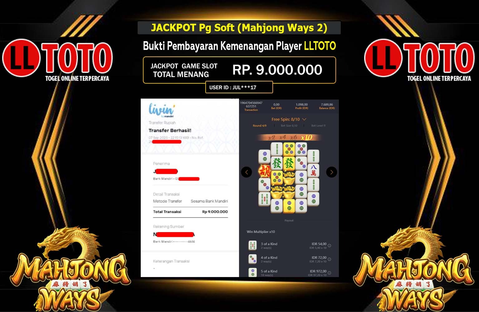 LLTOTO JACKPOT PG SOFT (MAHJONG WAYS 2) Rp.9.000.000,- LUNAS