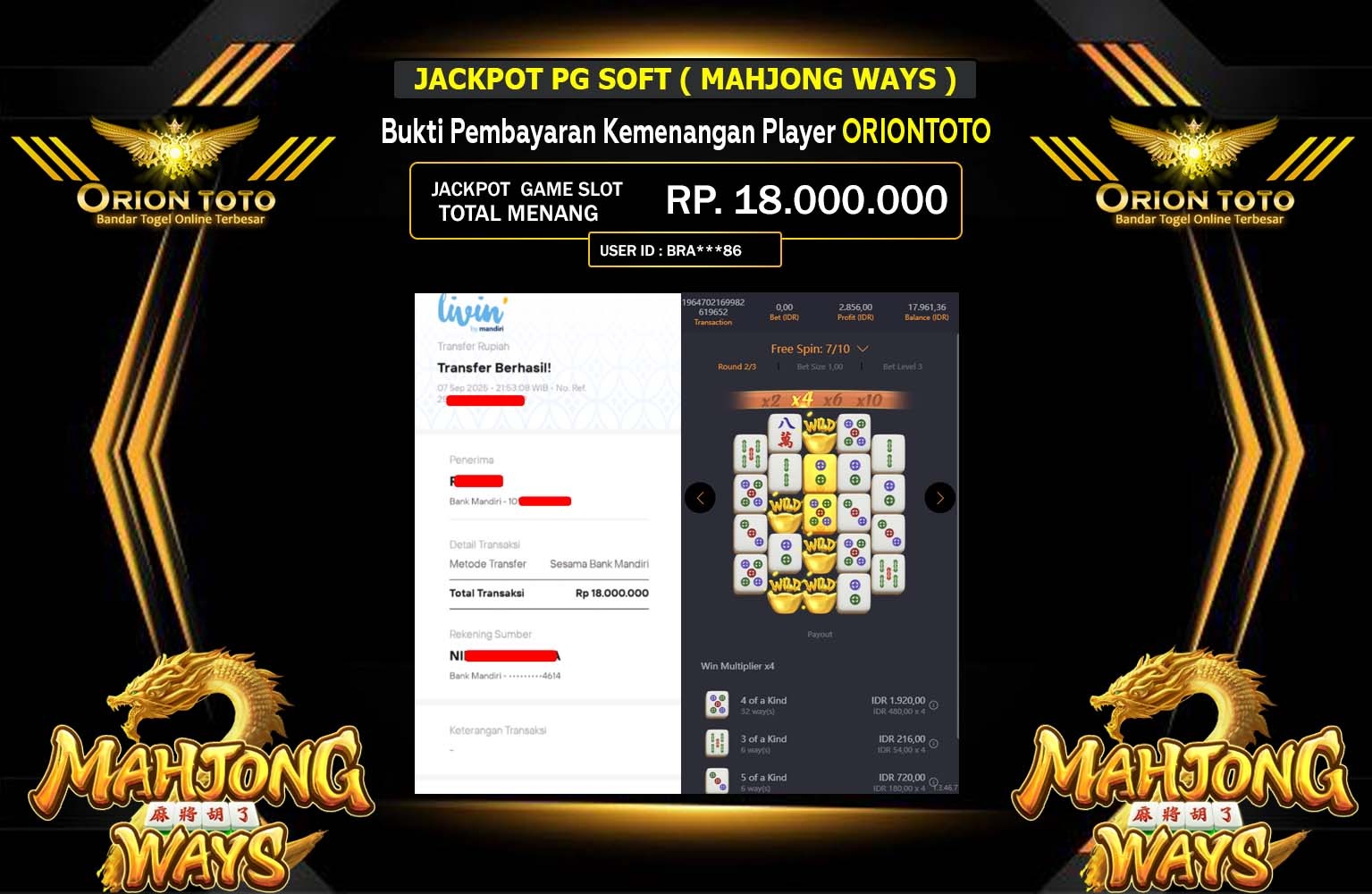 ORIONTOTO JACKPOT PG SOFT (MAHJONG WAYS 2) Rp.18.000.000,- LUNAS